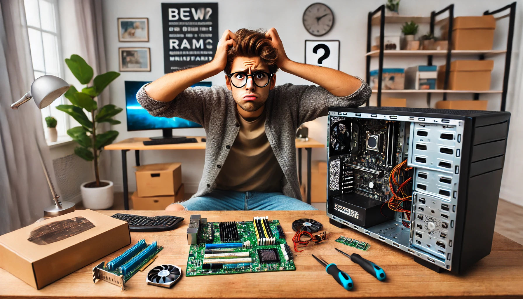 Gaming PC build workspace with components and tools